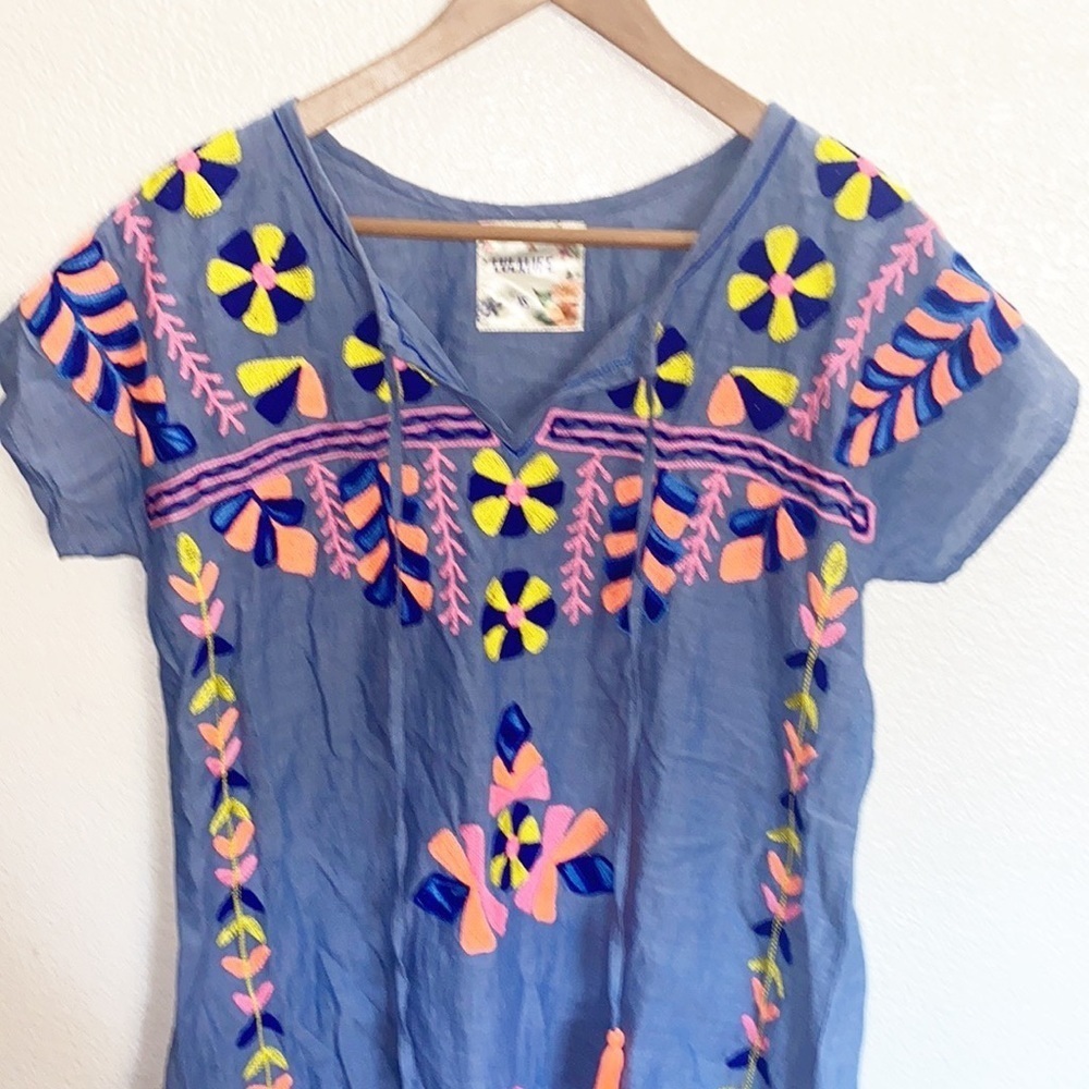 Lulalife Cotton Blue Colorful Embroidered Mini Short Sleeve Summer Dress - Picture 2 of 11